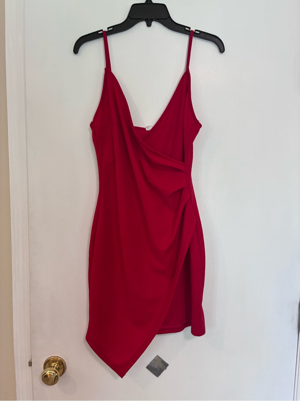 Sleek Red Cowl-Neck Mini Dress with Draped Asymmetric Hem